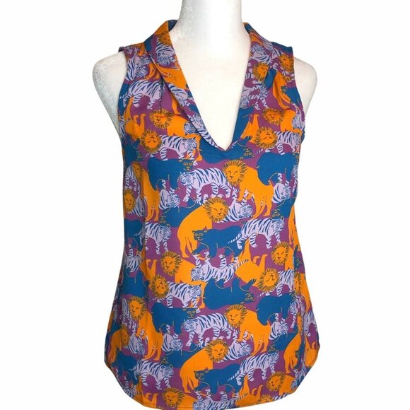 ModCloth XXS Sleeveless Blouse V-Neck Lions Tigers - Picture 10 of 11